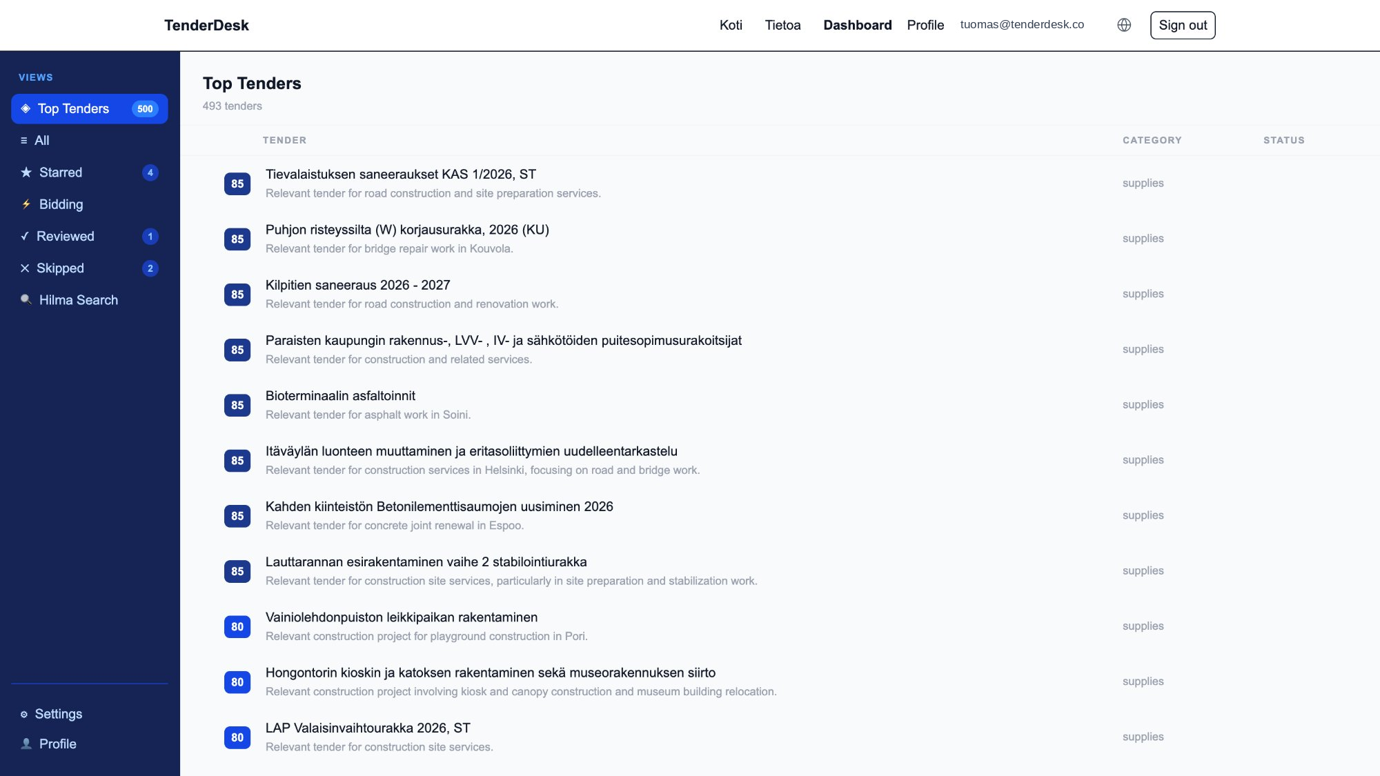 TenderDesk Dashboard